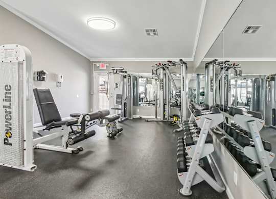 Fitness center with free weights and cable weight machines at Riverwood Crossing apartments in Roswell, GA.