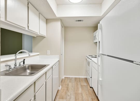 a kitchen with white cabinets and white appliances