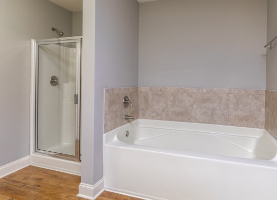 a bathroom with a tub and a shower
