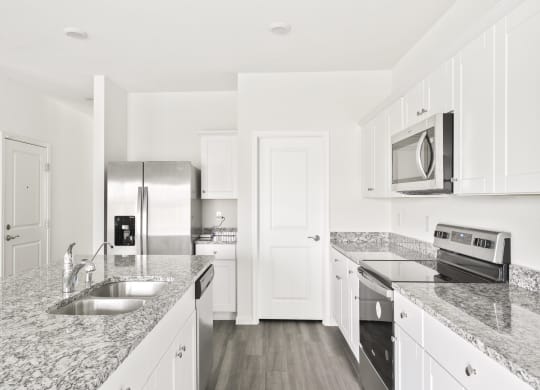 a kitchen with granite countertops and stainless steel appliances at Beacon at Bunton Creek, Kyle, 78640