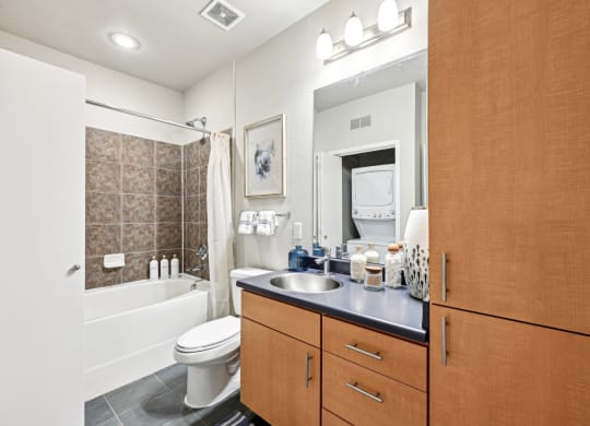 Bathroom with sleek design and bathtub at The Grand at Upper Kirby apartments in Houston, TX