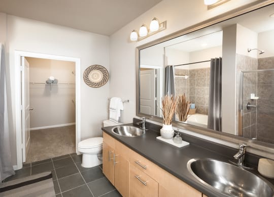 Bathroom with Double Vanity and Walk-In Closet at The Grand at Upper Kirby | Apartments in Houston, TX