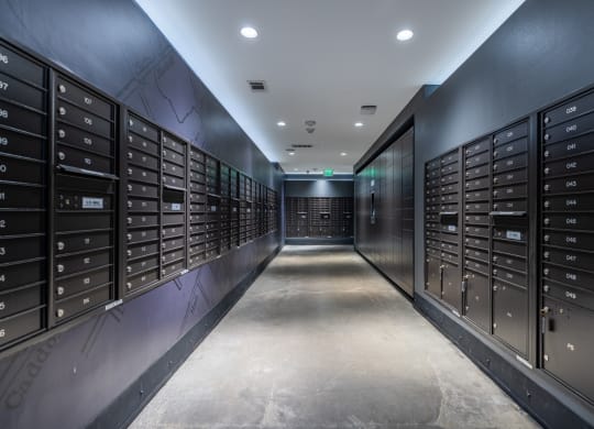 Indoor mailroom with PO Boxes for residents at The Case apartments in Dallas, TX