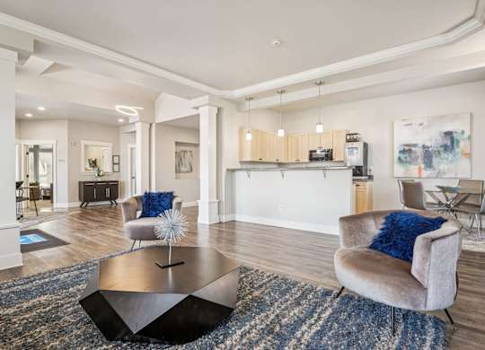Clubhouse seating and kitchen area at The Madison apartments in Olympia, WA