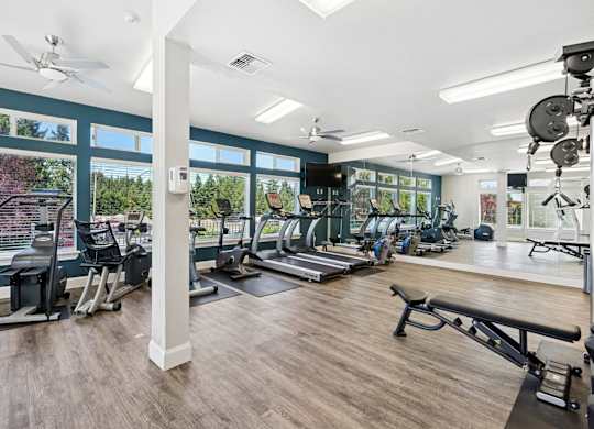 A gym with a variety of equipment including treadmills, weights, and a bench at The Madison apartments in Olympia, WA