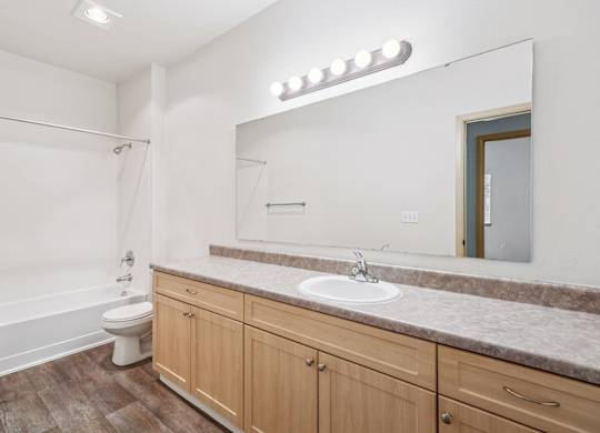 A bathroom with a sink, toilet, and a mirror at The Madison Apartments in Olympia, WA