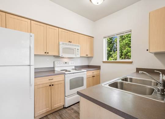 A kitchen with white appliances and a stainless steel sink at The Madison Apartments in Olympia, WA