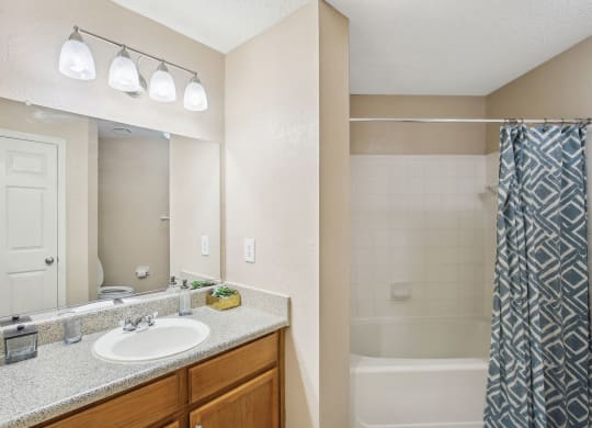 Model bathroom with a shower and a sink and a mirror at Wellington Ridge in Lawrenceville, GA