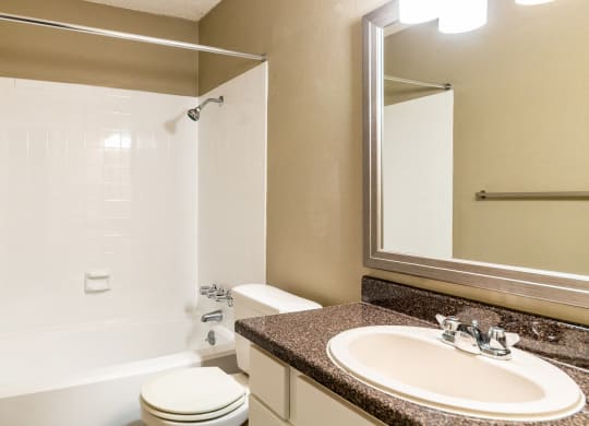 a bathroom with a sink toilet and shower and a mirror