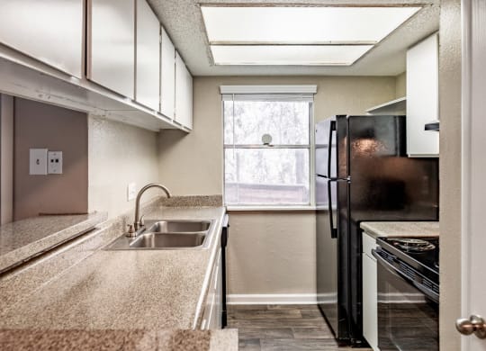 a kitchen with a sink and refrigerator and a window