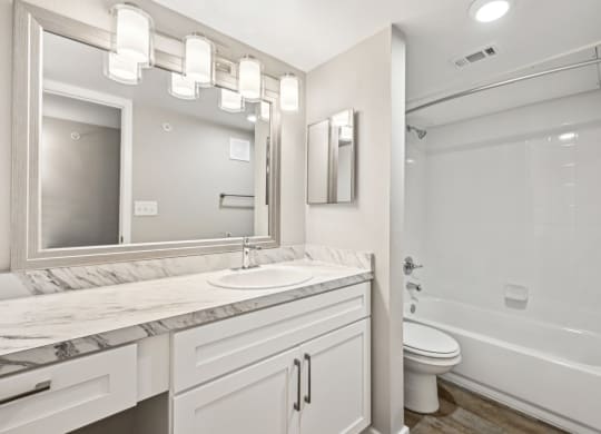 Stylish bathroom area in the D5 floor plan at Windridge On The Parkway Apartments in Dallas, TX