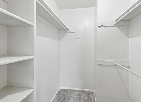 A2 walk-in closet with built-in shelves and hanging rods at Westdale Pointe in Austin, TX