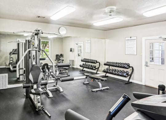 Fitness center with cardio machines and weights at Hunters Chase in Austin, TX