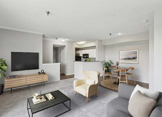 A gray living room with a comfortable sofa and TV at Jefferson Creek Apartments in Irving, TX