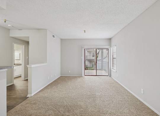 B1 living room with plush carpet and sliding door leading to private balcony at Jefferson Place apartments in Irving, TX
