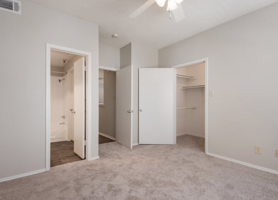 a bedroom with a closet and a ceiling fan