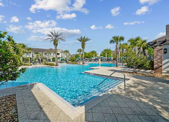 A large swimming pool surrounded by palm trees and a stone border.