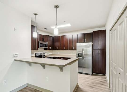 Royal Palm kitchen with dark wood cabinets and a bar counter at Oakleaf Plantation Apartments in Jacksonville, FL