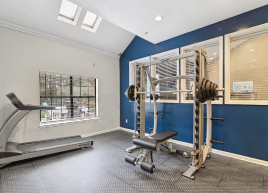 Gym with weights and cardio machines at Woodmere Trace at Duluth, GA