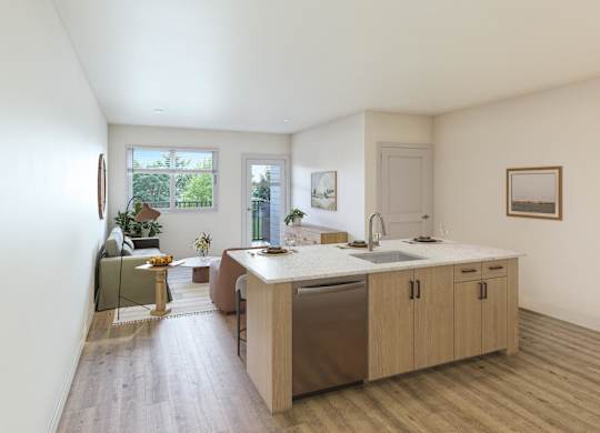 A kitchen with a sink, a window, and a dining table.