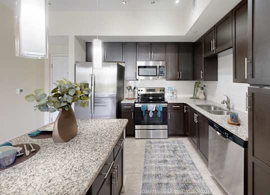 A modern kitchen with dark brown cabinets and a granite countertop.