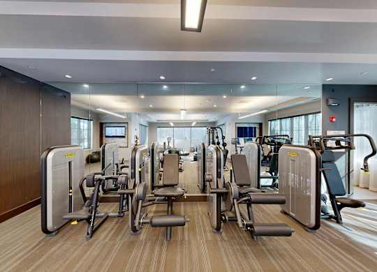 A gym with a variety of equipment including treadmills, stationary bikes, and weight machines.