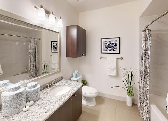 A bathroom with a white toilet, sink, and a shower curtain.
