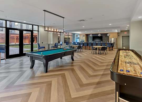 A billiards room with a pool table and a shuffleboard table.