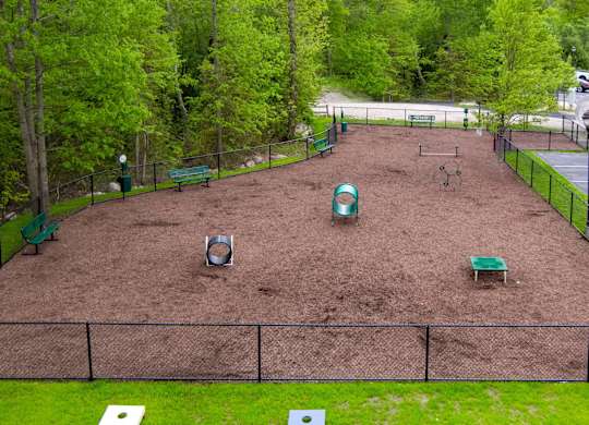 A baseball field surrounded by trees and a fence.