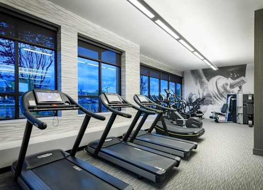A gym with treadmills and a wall mural.