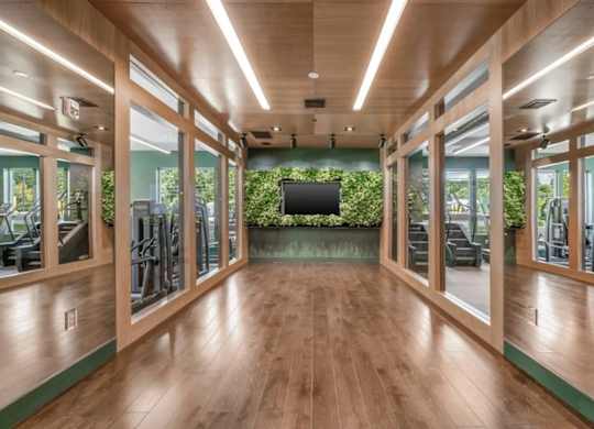 A gym with wooden floors and mirrors on the wall.