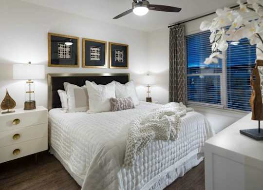 A bedroom with a large bed, a ceiling fan, and a dresser with a lamp on it.
