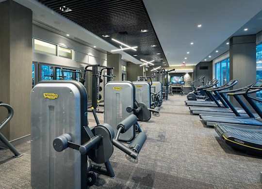 A gym with treadmills and weights.