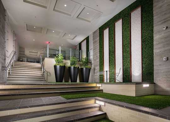 A staircase with a glass railing and a green plant on the side.