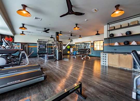 A gym with treadmills, weights, and exercise equipment.