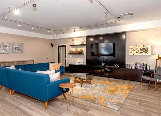 A living room with a blue couch and a television.