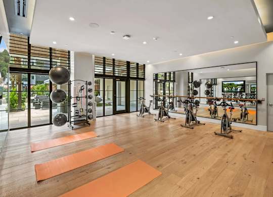 A gym with exercise equipment and yoga mats.