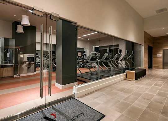 A gym with treadmills and exercise equipment.