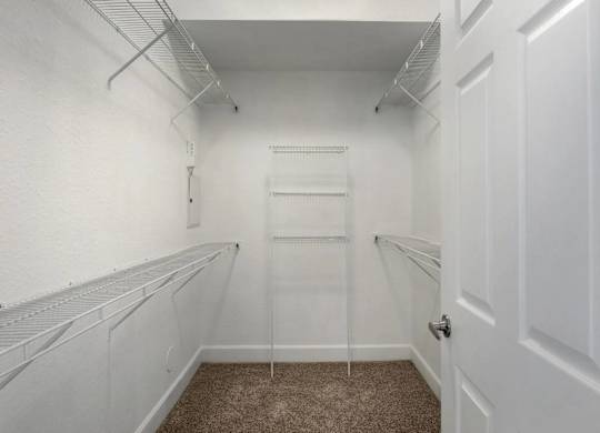 A white closet with a carpeted floor and a white door.
