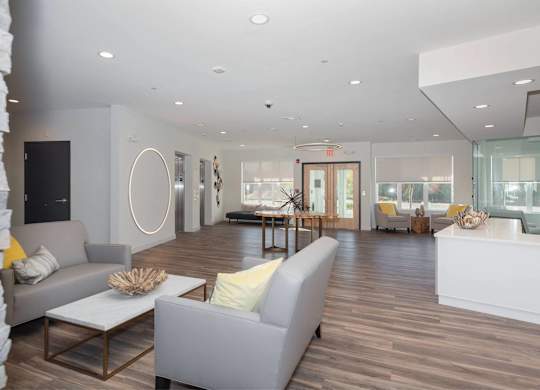 A spacious living room with a grey sofa and a white coffee table.