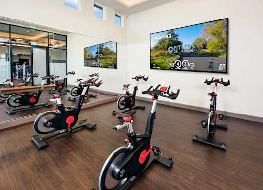A room with a row of stationary bikes and a TV showing a fitness app.