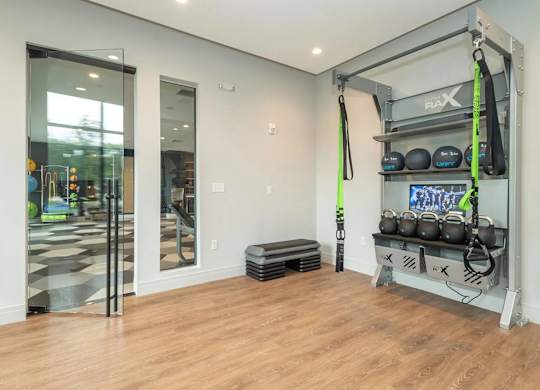 A gym room with a pull up bar and weights.