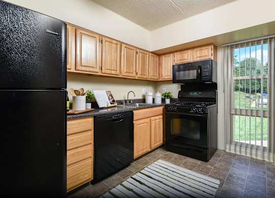 A kitchen with black appliances and wooden cabinets.