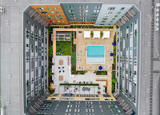 Woburn aerial of courtyard and pool