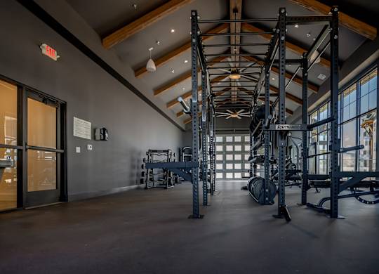 A gym with a weight rack and a squat rack.