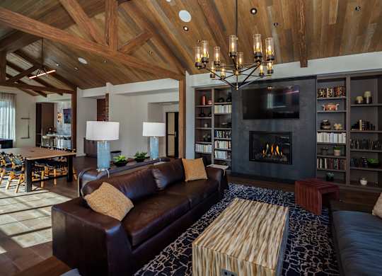 A living room with a fireplace and a couch.