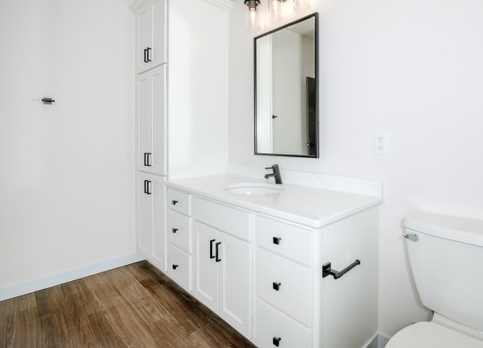 a bathroom with a white sink and toilet and a mirror at The Crossings  at Windsong, Arizona, 86314