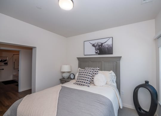 bedroom with white walls and a bed with blue and white pillows at The Crossings  at Windsong, Prescott Valley