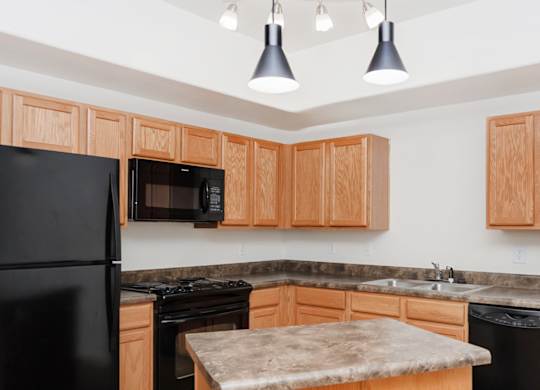 A kitchen with black appliances and wooden cabinets.