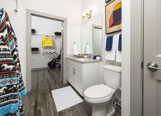 A bathroom with a toilet, sink, and mirror.